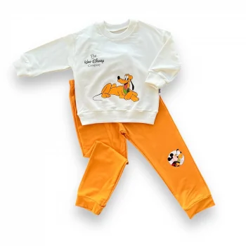 Luz&Pos 6-9-12-18 Ay Köpek Baskılı Pamuk Penye Kumaş Erkek Bebek Takımı Turuncu