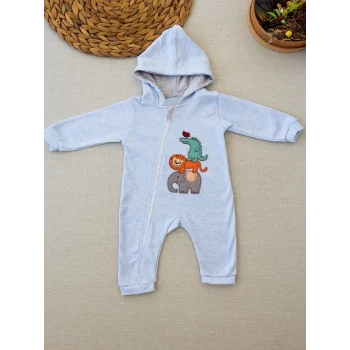 Luz&Pos 6-9 9-12 Ay Ef Çizgi Boy Fermuarlı Hayvanlar Alemi Nakışlı Kapşonlu Kız Erkek Bebek Tulumu Mavi