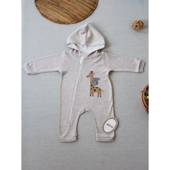 Luz&Pos 6-9 9-12 Ay Ef Çizgi Boy Fermuarlı Zürafa Nakışlı Kapşonlu Kız Erkek Bebek Tulumu Kahvemelanj