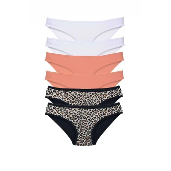 6 Adet Likralı Kadın Slip Külot Leopar Beyaz Pudra