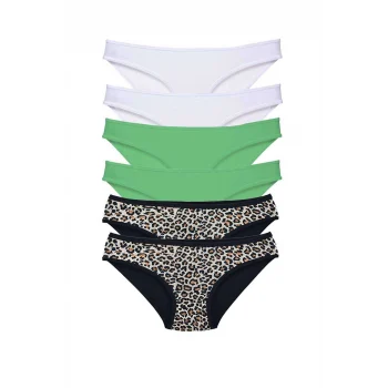 6 Adet Likralı Kadın Slip Külot Leopar Beyaz Yeşil
