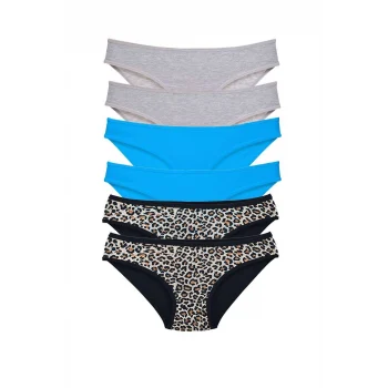 6 Adet Likralı Kadın Slip Külot Leopar Gri Mavi