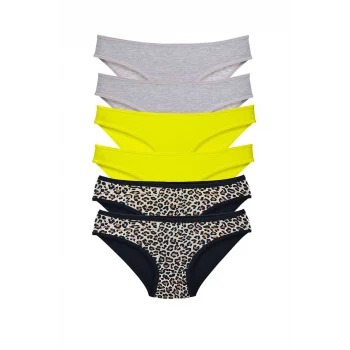 6 Adet Likralı Kadın Slip Külot Leopar Gri Sarı