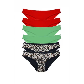 6 Adet Likralı Kadın Slip Külot Leopar Kırmızı Yeşil