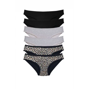 6 Adet Likralı Kadın Slip Külot Leopar Siyah Gri