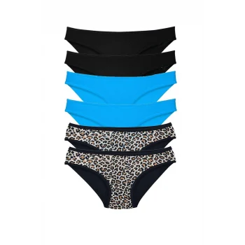 6 Adet Likralı Kadın Slip Külot Leopar Siyah Mavi