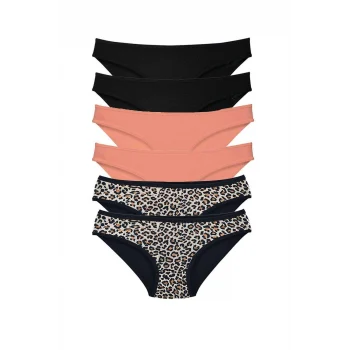 6 Adet Likralı Kadın Slip Külot Leopar Siyah Pudra