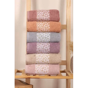 6 lı &#37;100 Pamuklu El Yüz Havlu Seti Renkli Leopar Desen 50x90 Cm
