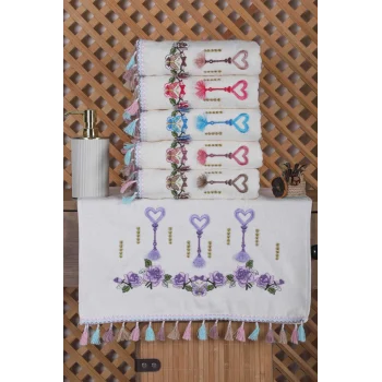 6 lı Kalp Çiçek Nakışlı Püsküllü Mutfak Havlusu Takımı 30 x 50 Cm