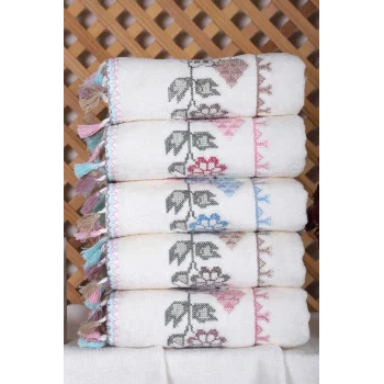 6 lı Kanaviçe Nakışlı Mutfak Havlusu Seti Püsküllü 30 x 50 Cm