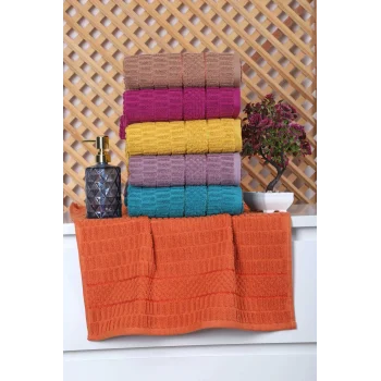 6 lı Renkli El Yüz Pamuklu Jakarlı Havlu Seti 50 x 90 Cm Platin