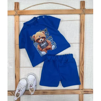 Luz&Pos 9-12-18-24 Ay Dansçı Ayıcık Baskılı Şortlu Kısa Kollu Tişört 2li Erkek Bebek Takımı