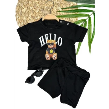 Luz&Pos 9-12-18-24 Ay Hello Gözlüklü Ayıcık Baskılı Şortlu Kısa Kollu Tişört 2li Erkek Bebek Takımı