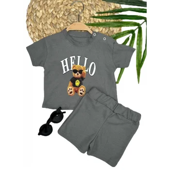 Luz&Pos 9-12-18-24 Ay Hello Gözlüklü Ayıcık Baskılı Şortlu Kısa Kollu Tişört 2li Erkek Bebek Takımı