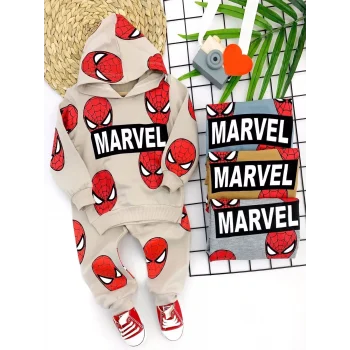 Luz&Pos 9-12-18-24 Ay Kapşonlu Örümcek Adam Baskılı Uzun Kollu 3lü Kız Erkek Bebek Takımı Hardal