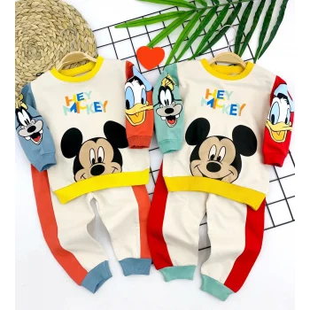 Luz&Pos 9-12-18-24 Ay Mickey Ve Arkadaşları Desenli Uzun Kollu Sweat 2li Kız Erkek Bebek Takımı Mavi