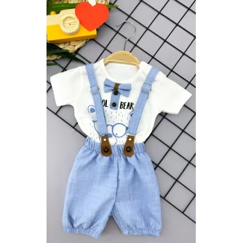 Luz&Pos 9-12-18-24 Ay Papyon Detaylı Keten Şort Salopet Tişörtlü 2li Erkek Bebek Takımı