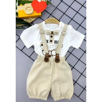 Luz&Pos 9-12-18-24 Ay Papyon Detaylı Keten Şort Salopet Tişörtlü 2li Erkek Bebek Takımı
