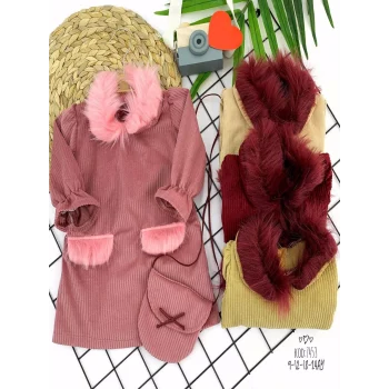 Luz&Pos 9-12-18-24 Ay Tüylü Yaka Ve Cep Kapaklı Çantalı Fitilli Kadife Uzun Kollu 2li Kız Bebek Elbisesi Pembe