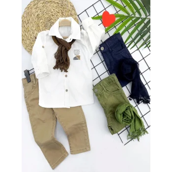 Luz&Pos 9-12-18-24 Ay Ve 3-4-5 Yaş Fularlı Pamuk Keten Gömlekli Pantolonlu 3lü Erkek Bebek Takımı Lacivert