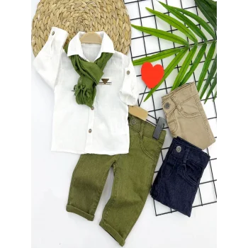 Luz&Pos 9-12-18-24 Ay Ve 3-4-5 Yaş Fularlı Pamuk Keten Gömlekli Pantolonlu 3lü Erkek Bebek Takımı Yeşil