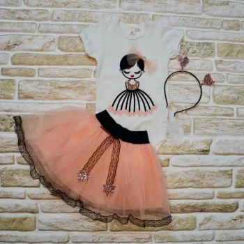 Luz&Pos 9-12-18 Ay Kalp Kız Nakışlı Taçlı Kısa Kollu Tütü Etek 3lü Kız Bebek Takımı Pudra