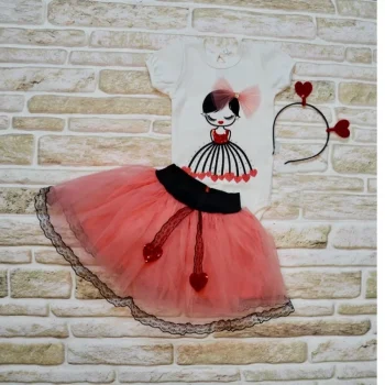 Luz&Pos 9-12-18 Ay Kalp Kız Nakışlı Taçlı Kısa Kollu Tütü Etek 3lü Kız Bebek Takımı Nar Çiçeği