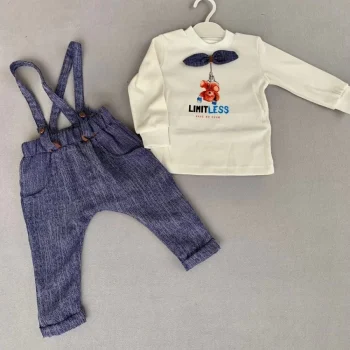Luz&Pos 9-12-18 Ay Papyonlu Sweat Kot Pantolon 2li Erkek Bebek Salopet Takımı Lacivert
