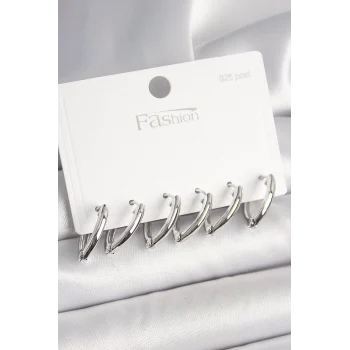 925 Ayar Gümüş Çivi Pirinç Gümüş Renk Üçgen Model Kadın Küpe Seti