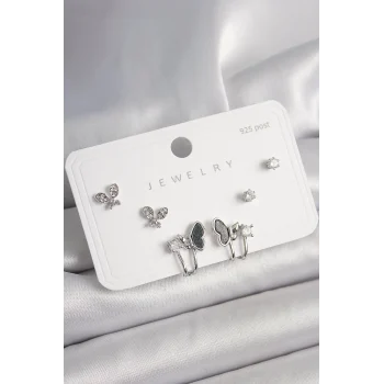 925 Ayar Gümüş Çivi Pirinç Gümüş Renk Zirkon Taşlı Kelebek Model Kadın Küpe Seti