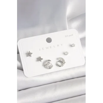 925 Ayar Gümüş Çivi Zirkon Taşlı Hilal Yıldız Model Kadın Küpe Seti