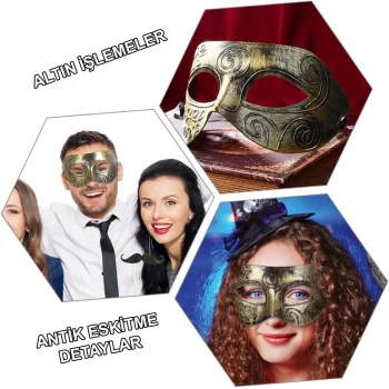 Altın Eskitme Yüz Maskesi - Antik Tarz Balo Maskesi