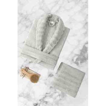 AquaLoom Lüx Bornoz ve Havlu Seti &#37;100 Pamuklu Açık Gri