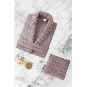 AquaLoom Lüx Kadın Bornoz ve Havlu Seti &#37;100 Pamuklu Mürdüm