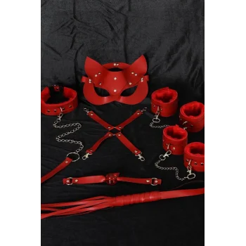 Kırmızı İçi Tüylü Maske,Kol,Bacak,Ağız Topu,Kırbaç,Tasma Harness Set