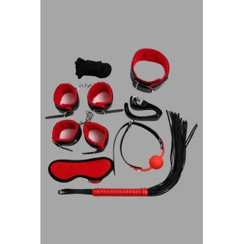 Kırmızı/Siyah İçi Tüylü Deri 7li Harness Set