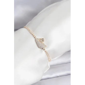 Kuğu Model Zirkon Taşlı Gold Renk Asansörlü Su Yolu Bileklik