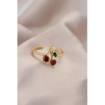 Ayarlamalı Gold Renk Metal Renkli Zirkon Taşlı Kiraz Yüzük
