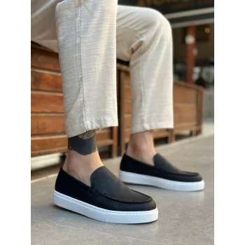 BA0241 Bağcıksız Yüksek Taban Siyah Beyaz Taban Cilt Erkek Ayakkabı