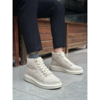 BA0713 Bağcıklı Süet Bej Yüksek Taban Erkek Tarz Spor Bot