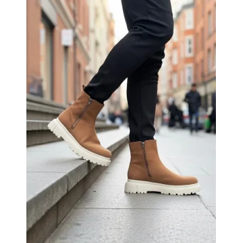 BA0777 Süet Taba Krem Taban Çift Fermuarlı Erkek Yarım Bilek Bot