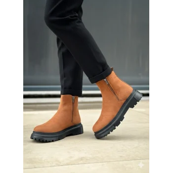 BA0777 Süet Taba Siyah Taban Çift Fermuarlı Erkek Yarım Bilek Bot