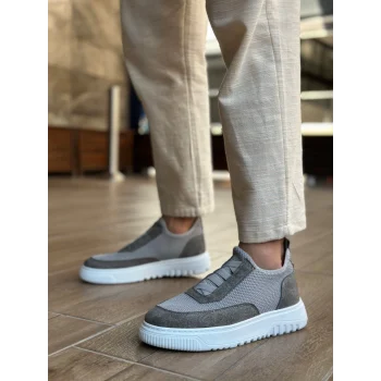 BA0911 Özel Örme Triko Deri Tozu Detaylı Gri Günlük Spor Ayakkabı