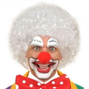 Beyaz Kıvırcık Afro Peruk ve Kırmızı Sünger Burun Seti