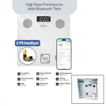 Beyaz Yağ Ölçer Akıllı Bluetooth Cam Baskül Pilli 180kg/50gr 26x26cm 8-kişi Hafıza Lcd Ekran ℃ Gösterge Sbs-4472