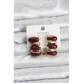 Bordo Renk Pirinç Vintage Kadın Küpe