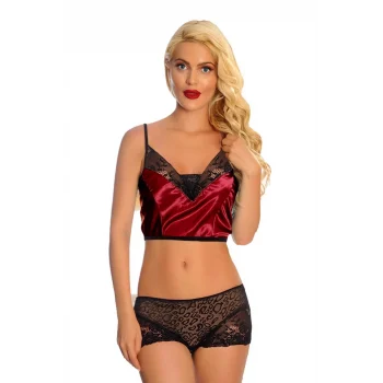 Bordo Saten Dantelli Babydoll Şortlu Takım - 288