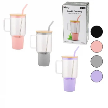 Cam 1000ml Matara - Suluk Bambu Kapak - Sızdırmaz Silikonlu Çelik Pipet Koruyucu Silikon Altlık - Kılıf