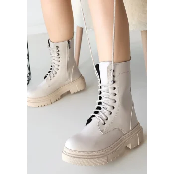 Caxa Bej Cilt Bağcıklı Bot