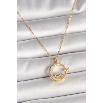 Çelik Gold Renk Zincir Zirkon Taşlı Ay Yıldız Model Sonsuzluk Detay Kadın Kolye